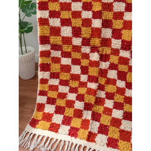 Handwoven Moroccan Checkered Wool Rug — Red, Ochre & Ivory