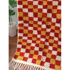 Handwoven Moroccan Checkered Wool Rug — Red, Ochre & Ivory