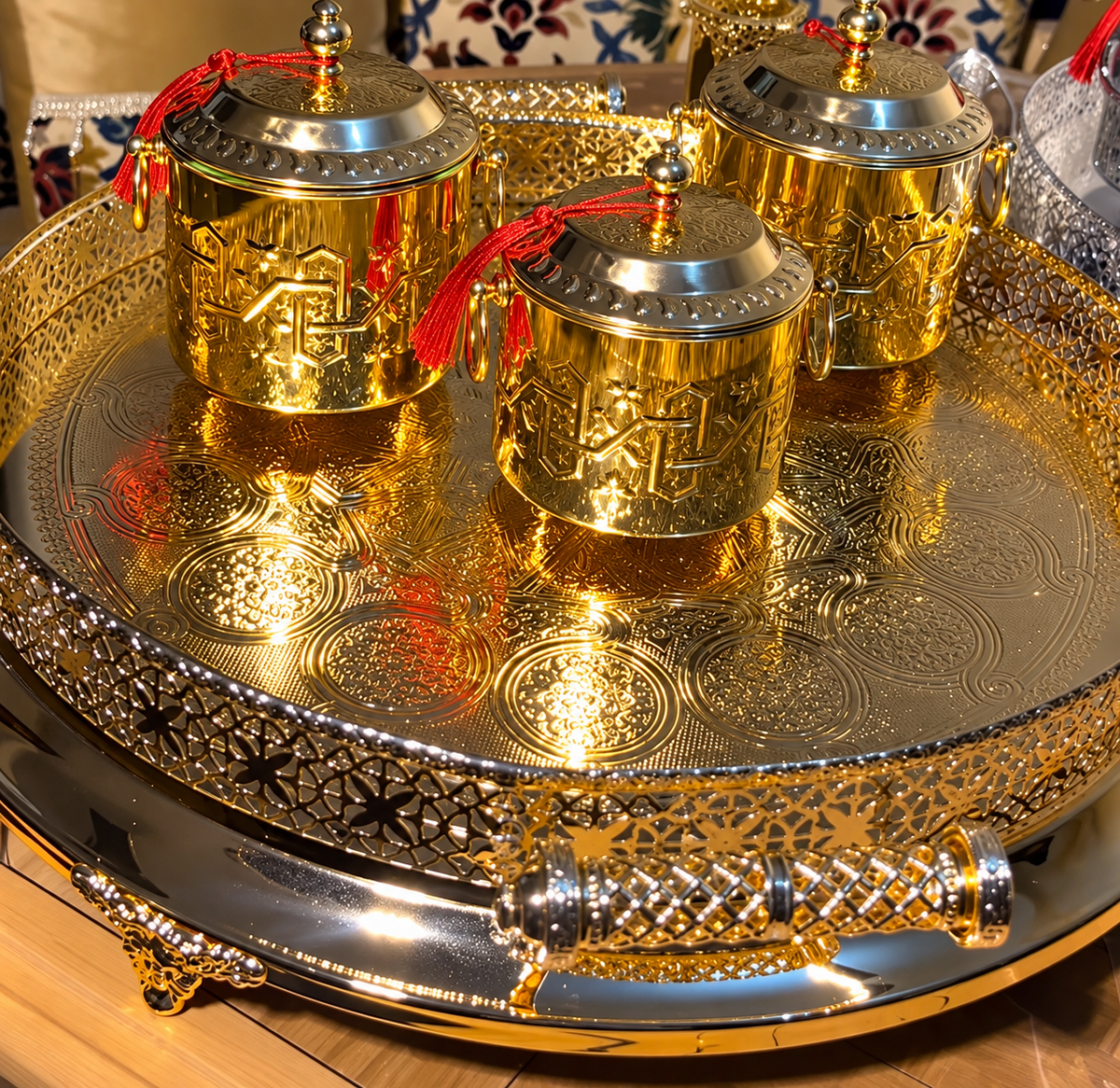 Handcrafted Moroccan Brass Serving Tray – Silver & Gold Finish – 50 cm | ARTIZAX