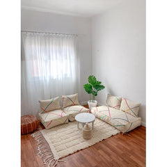 Handcrafted Moroccan Kilim Floor Sofa Set — Colorful Line Design, 14 Pieces