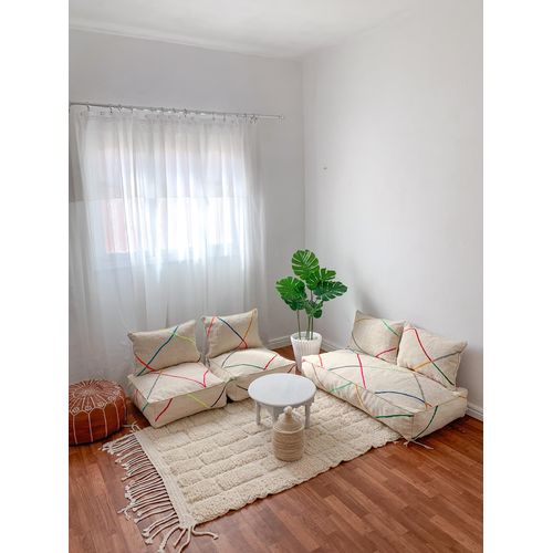Handcrafted Moroccan Kilim Floor Sofa Set — Colorful Line Design, 14 Pieces