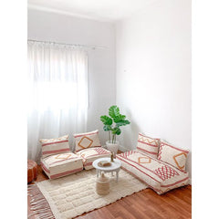 Handcrafted Moroccan Kilim Floor Sofa Set — Red & Ochre Geometric Design