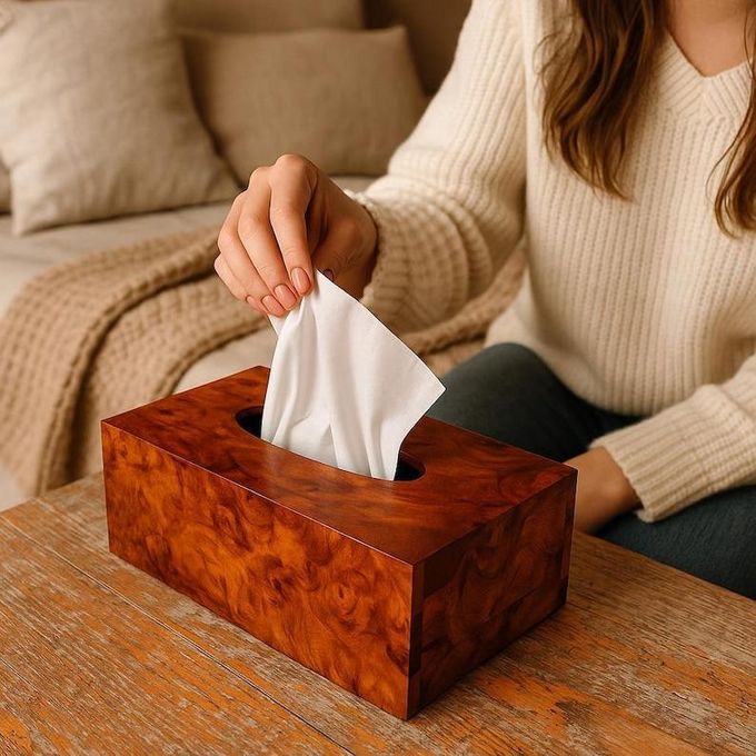 Handcrafted Moroccan Thuya Wood Tissue Box Cover – Natural Burl Grain