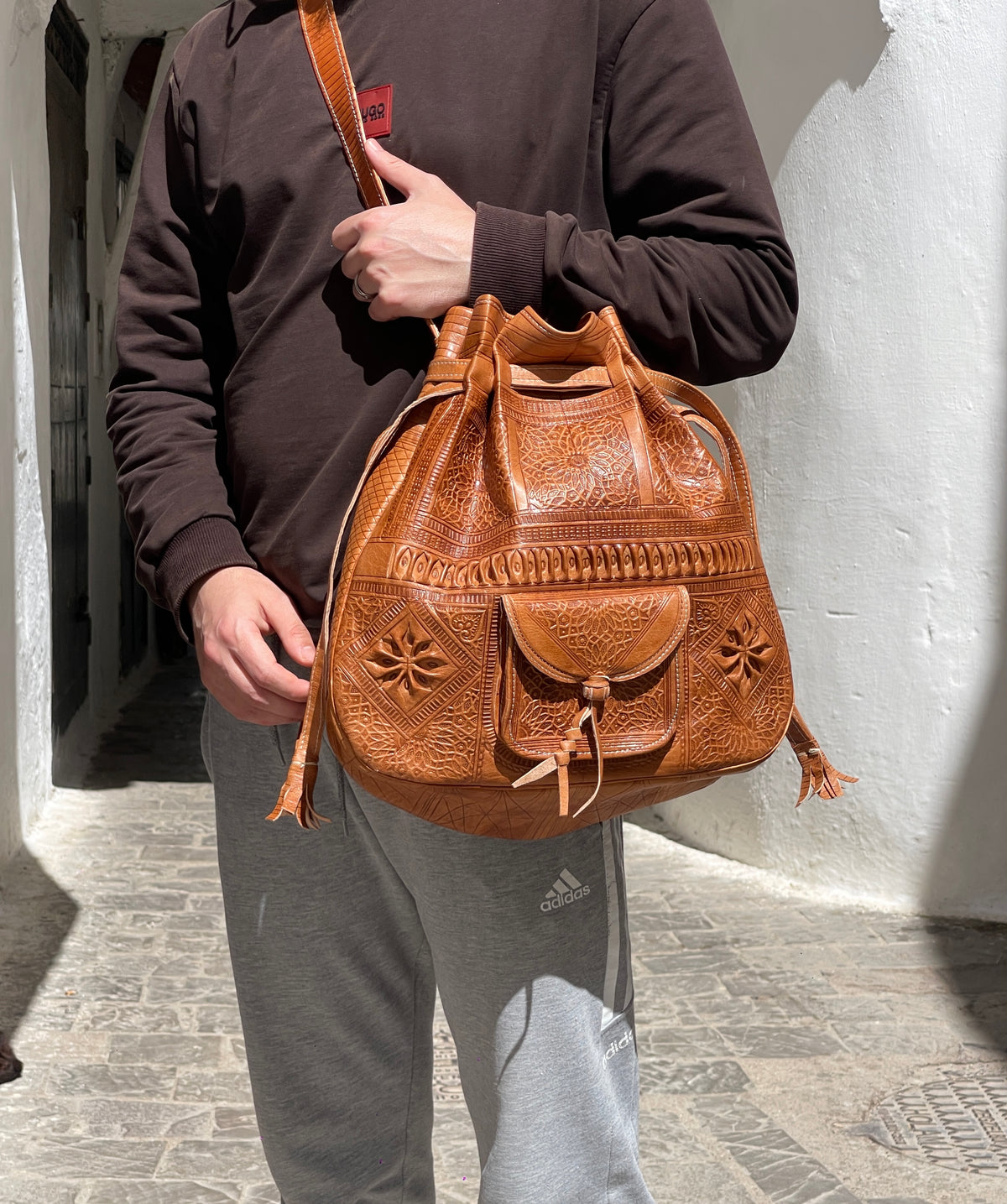 Handcrafted Moroccan Leather Backpack – Hand-Tooled Artisan Bag