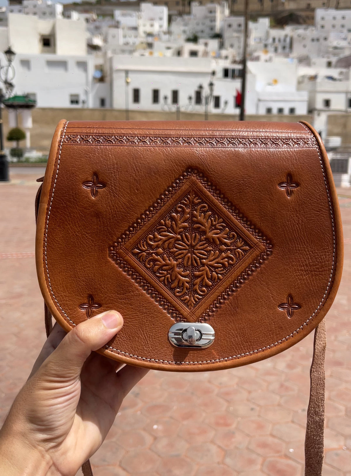 Handcrafted Moroccan Leather Saddle Crossbody Bag – Hand-Tooled Brown Leather