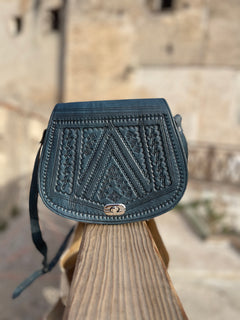 Handcrafted Moroccan Leather Crossbody Bag – Blue Hand-Tooled Amazigh Design