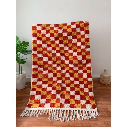 Handwoven Moroccan Checkered Wool Rug — Red, Ochre & Ivory