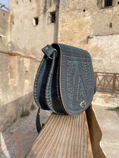 Handcrafted Moroccan Leather Crossbody Bag – Blue Hand-Tooled Amazigh Design
