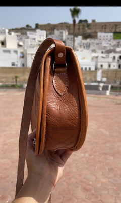 Handcrafted Moroccan Leather Saddle Crossbody Bag – Hand-Tooled Brown Leather