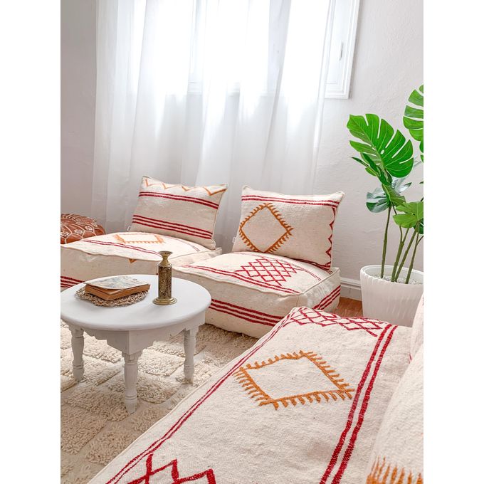 Handcrafted Moroccan Kilim Floor Sofa Set — Red & Ochre Geometric Design