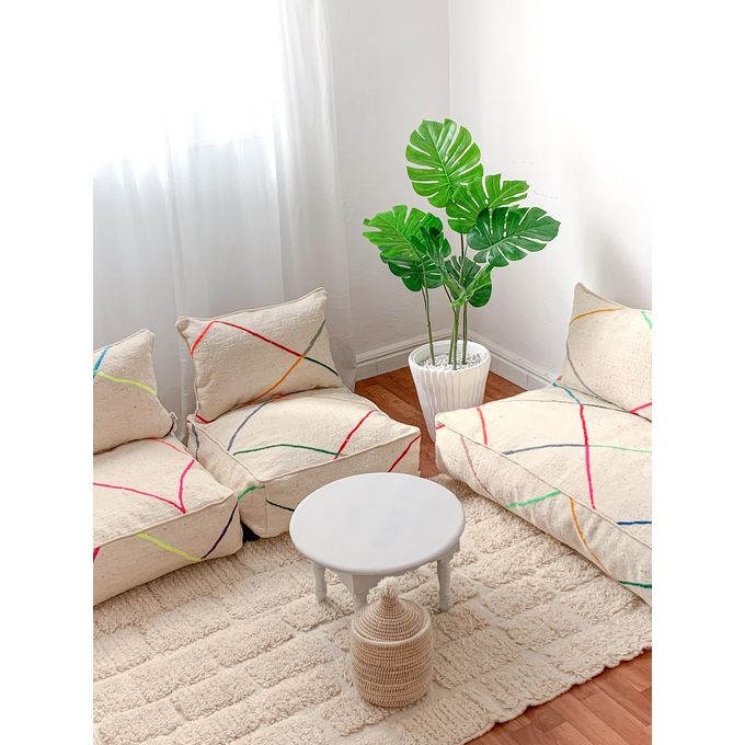 Handcrafted Moroccan Kilim Floor Sofa Set — Colorful Line Design, 14 Pieces
