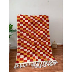Handwoven Moroccan Checkered Wool Rug — Red, Ochre & Ivory