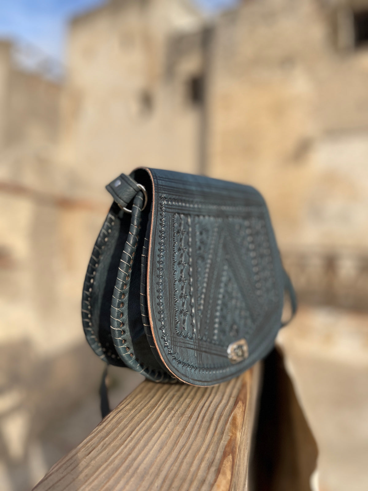 Handcrafted Moroccan Leather Crossbody Bag – Blue Hand-Tooled Amazigh Design