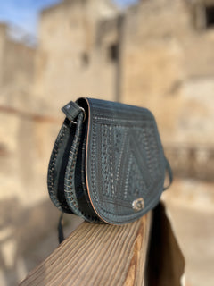 Handcrafted Moroccan Leather Crossbody Bag – Blue Hand-Tooled Amazigh Design