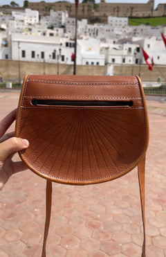 Handcrafted Moroccan Leather Saddle Crossbody Bag – Hand-Tooled Brown Leather