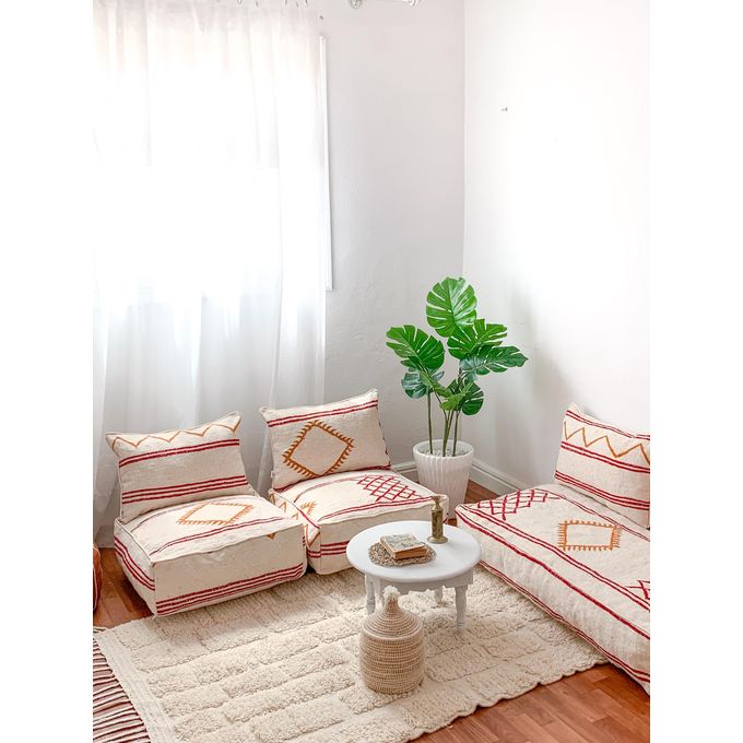 Handcrafted Moroccan Kilim Floor Sofa Set — Red & Ochre Geometric Design