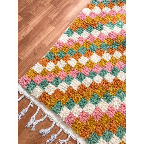 Handwoven Moroccan Checkered Wool Rug — Multicolor