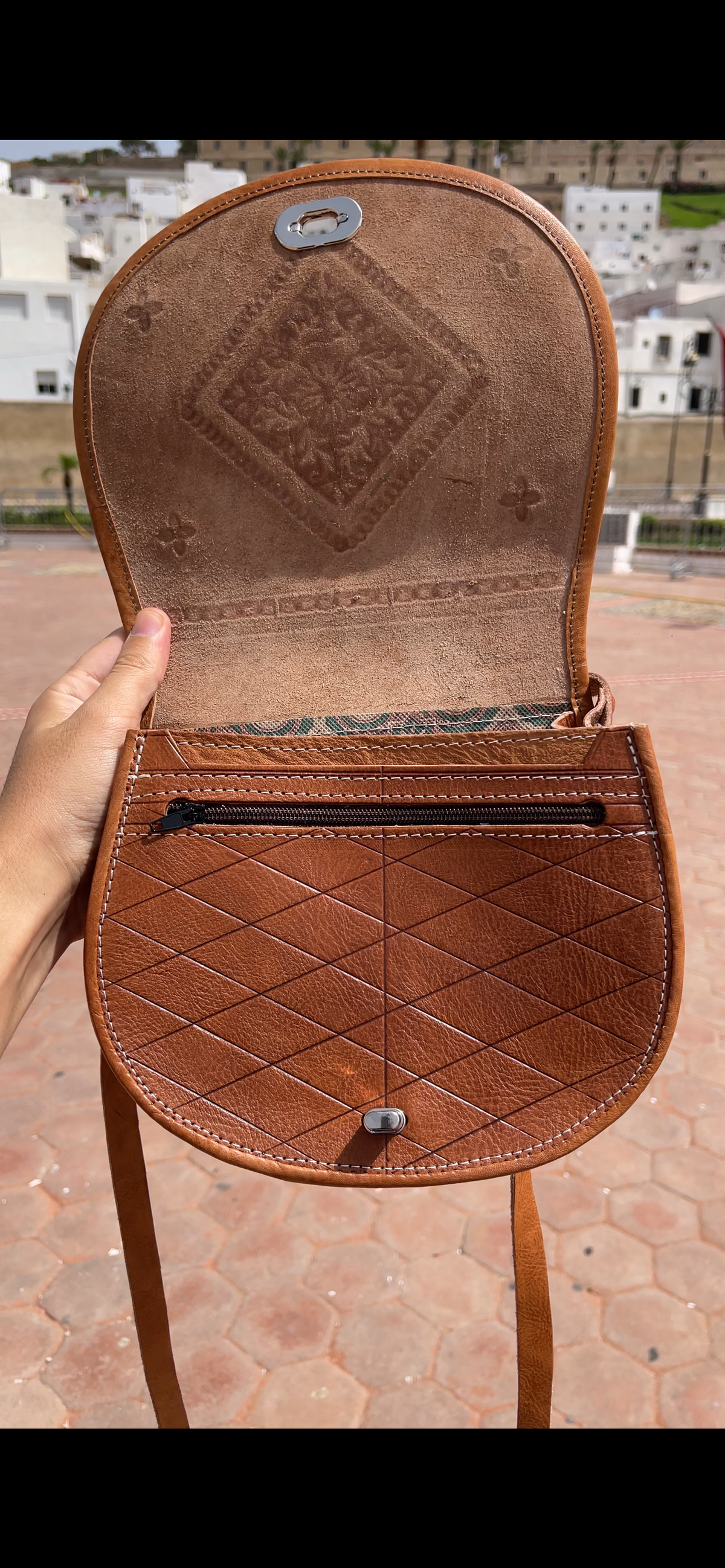 Handcrafted Moroccan Leather Saddle Crossbody Bag – Hand-Tooled Brown Leather