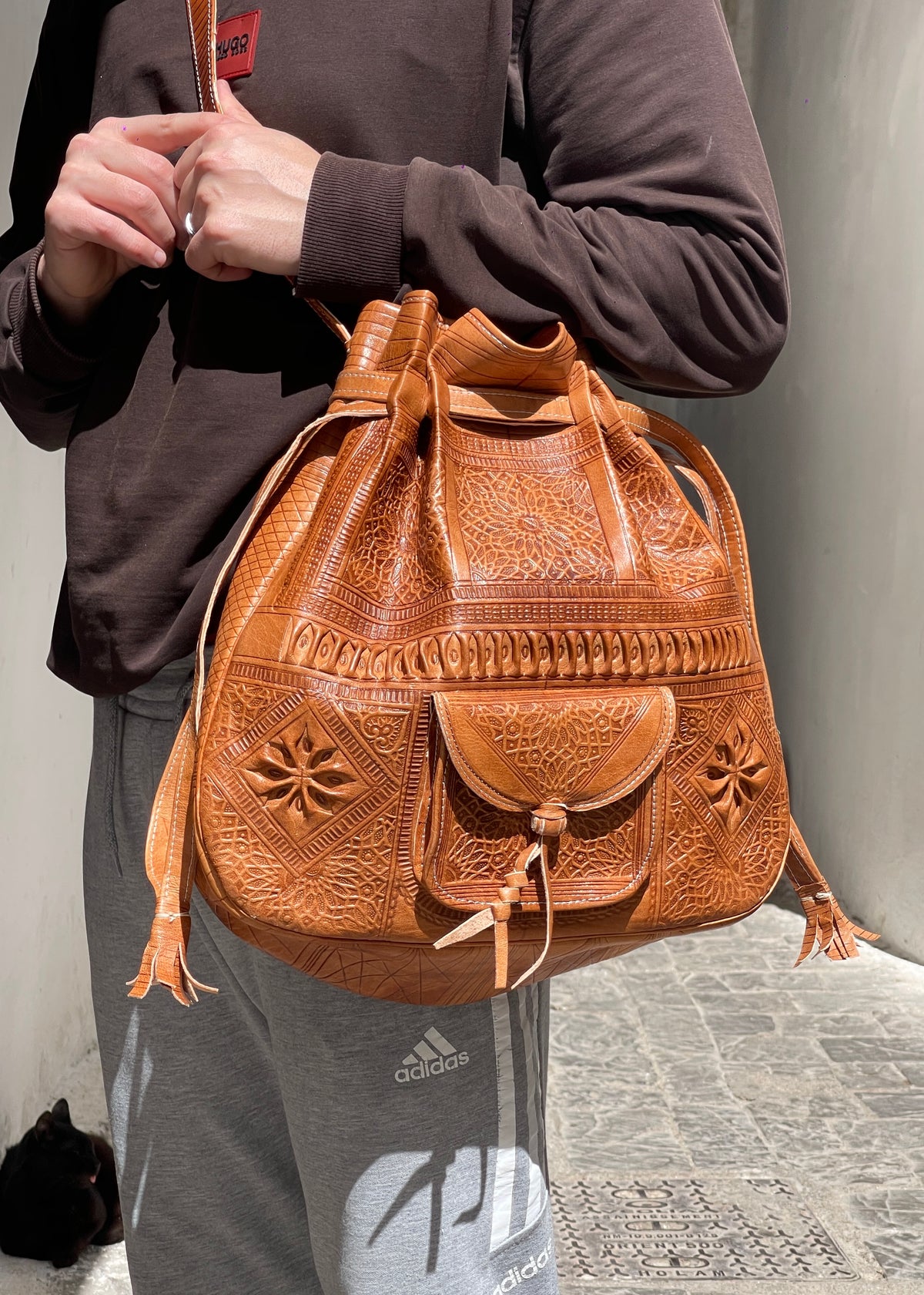 Handcrafted Moroccan Leather Backpack – Hand-Tooled Artisan Bag