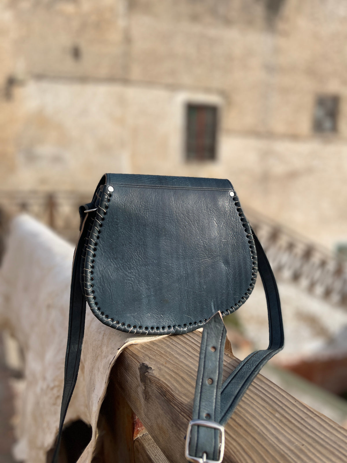 Handcrafted Moroccan Leather Crossbody Bag – Blue Hand-Tooled Amazigh Design