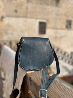 Handcrafted Moroccan Leather Crossbody Bag – Blue Hand-Tooled Amazigh Design