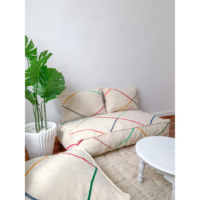 Handcrafted Moroccan Kilim Floor Sofa Set — Colorful Line Design, 14 Pieces