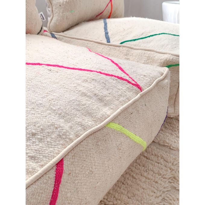 Handcrafted Moroccan Kilim Floor Sofa Set — Colorful Line Design, 14 Pieces