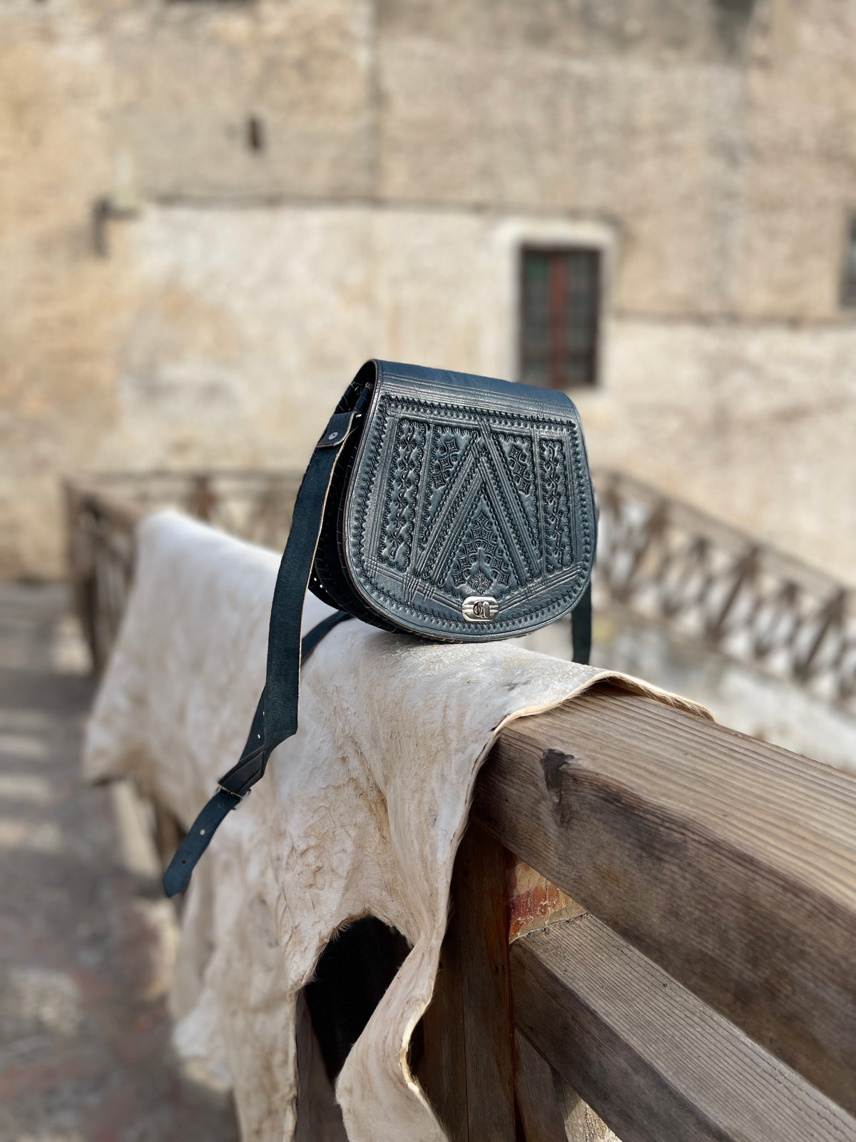 Handcrafted Moroccan Leather Crossbody Bag – Blue Hand-Tooled Amazigh Design