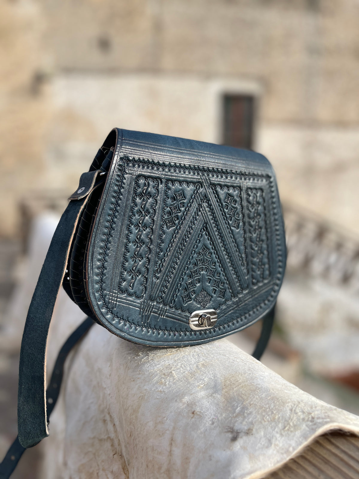 Handcrafted Moroccan Leather Crossbody Bag – Blue Hand-Tooled Amazigh Design
