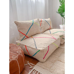 Handcrafted Moroccan Kilim Floor Sofa Set — Colorful Line Design, 14 Pieces