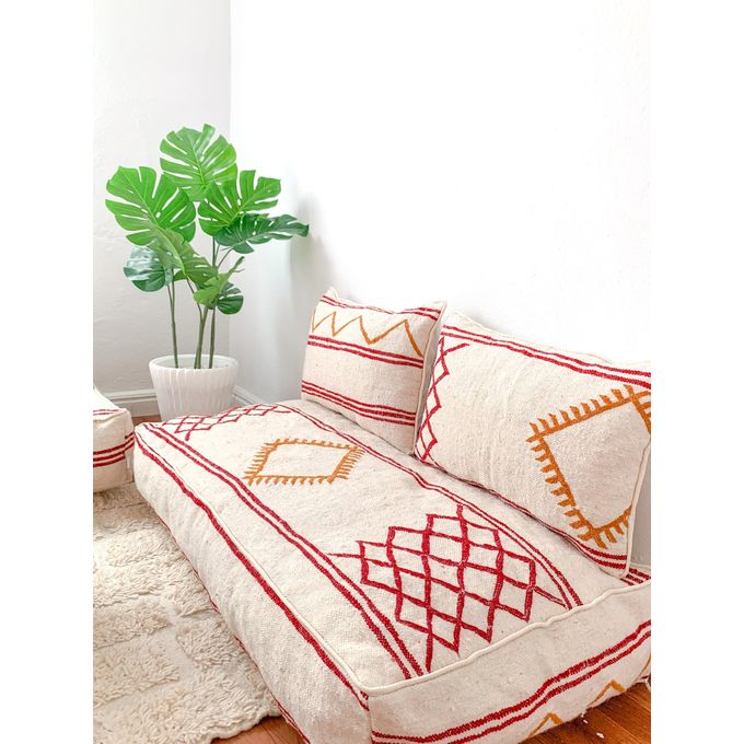 Handcrafted Moroccan Kilim Floor Sofa Set — Red & Ochre Geometric Design