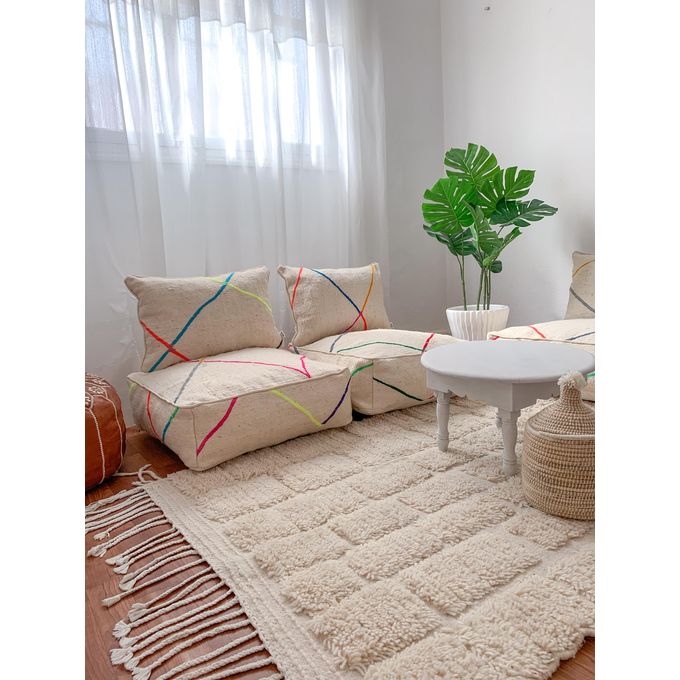 Handcrafted Moroccan Kilim Floor Sofa Set — Colorful Line Design, 14 Pieces