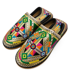 Handcrafted Moroccan Embroidered Babouche – Golden Geometric Design
