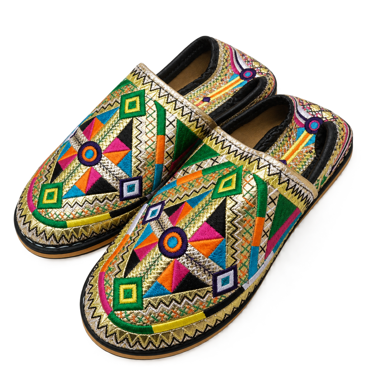 Handcrafted Moroccan Embroidered Babouche – Golden Geometric Design