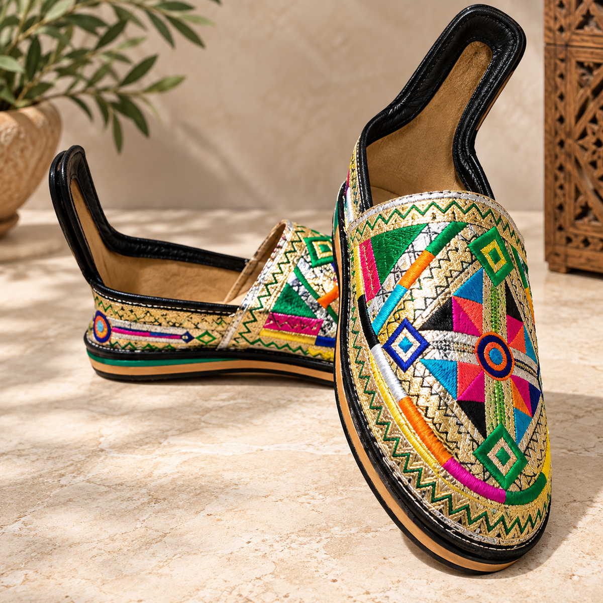 Handcrafted Moroccan Embroidered Babouche – Golden Geometric Design
