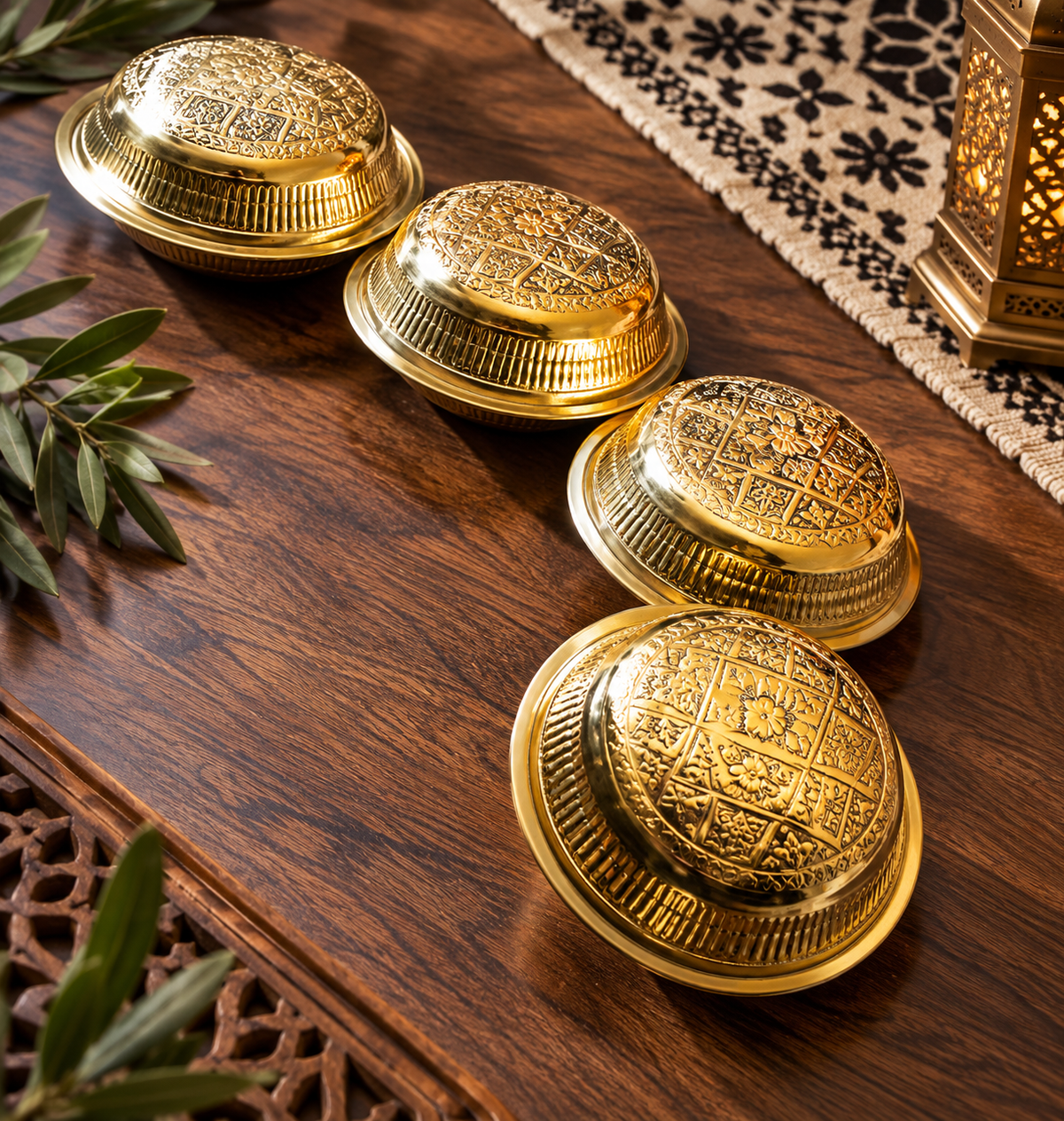 Set of 4 Hand-Engraved Moroccan Brass Bowls – Golden Finish