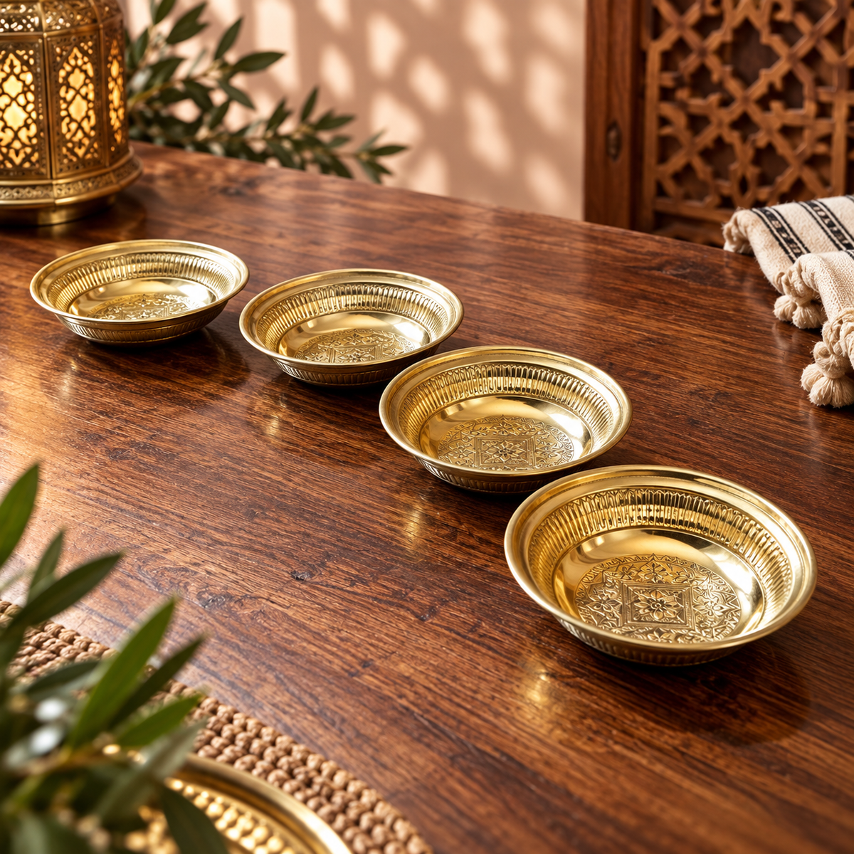 Set of 4 Hand-Engraved Moroccan Brass Bowls – Golden Finish