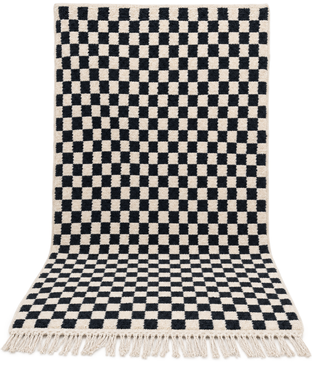 Moroccan Black & White Checkerboard Cotton Rug – 160 × 250 cm