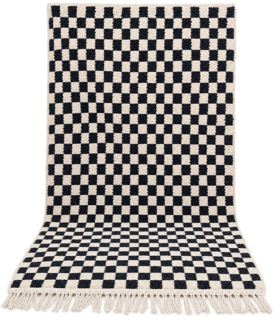 Moroccan Black & White Checkerboard Cotton Rug – 160 × 250 cm