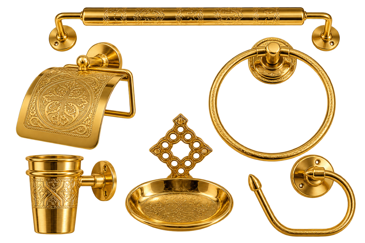 Complete Moroccan Brass Bathroom Accessories Set – 6 Pieces
