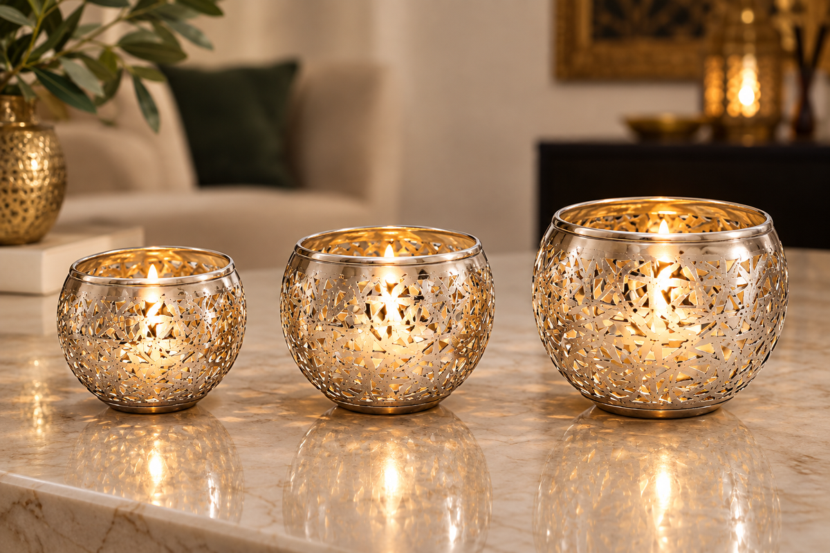 Moroccan Pierced Brass Candle Holders – Set of 3