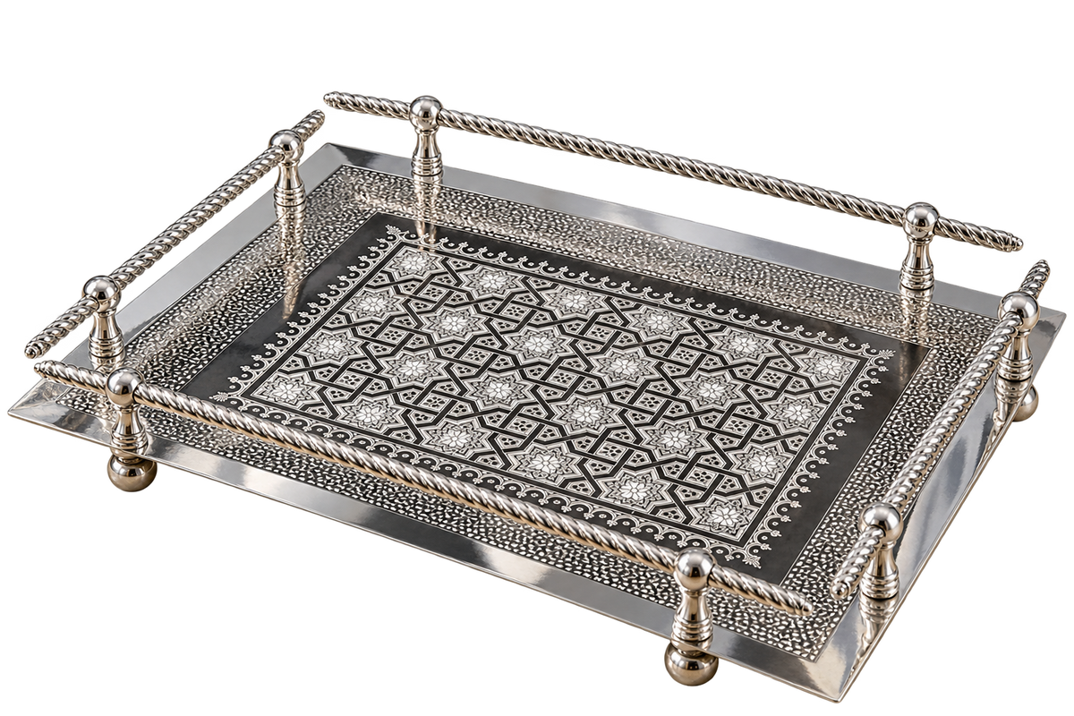 Handcrafted Moroccan Engraved Brass Serving Tray — Silver-Plated