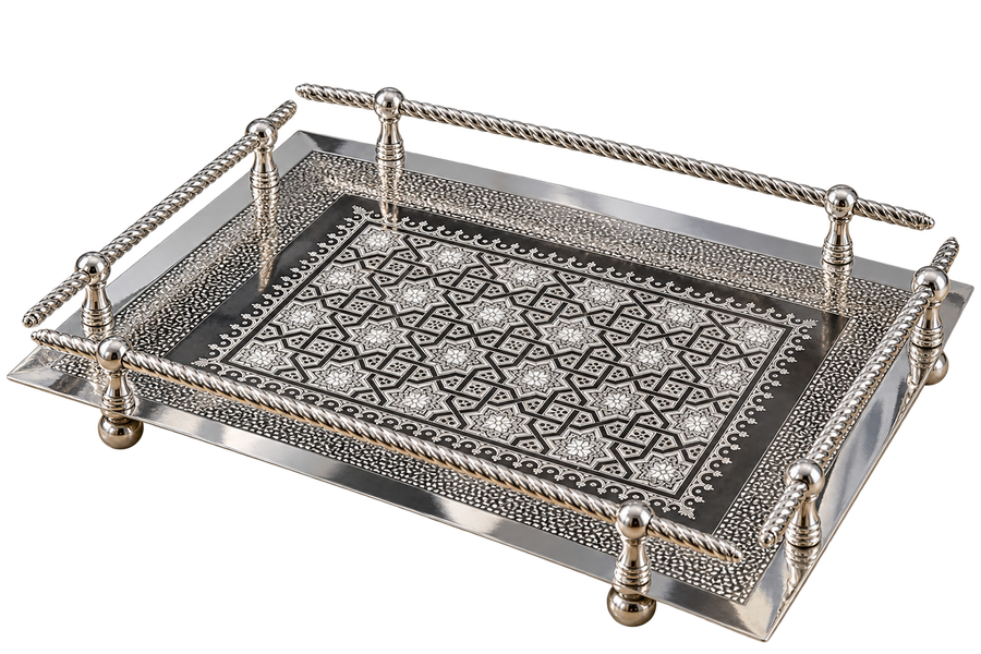 Handcrafted Moroccan Engraved Brass Serving Tray — Silver-Plated