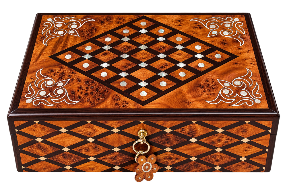 Handcrafted Moroccan Thuya Burl Jewelry Box with Mother-of-Pearl Inlay