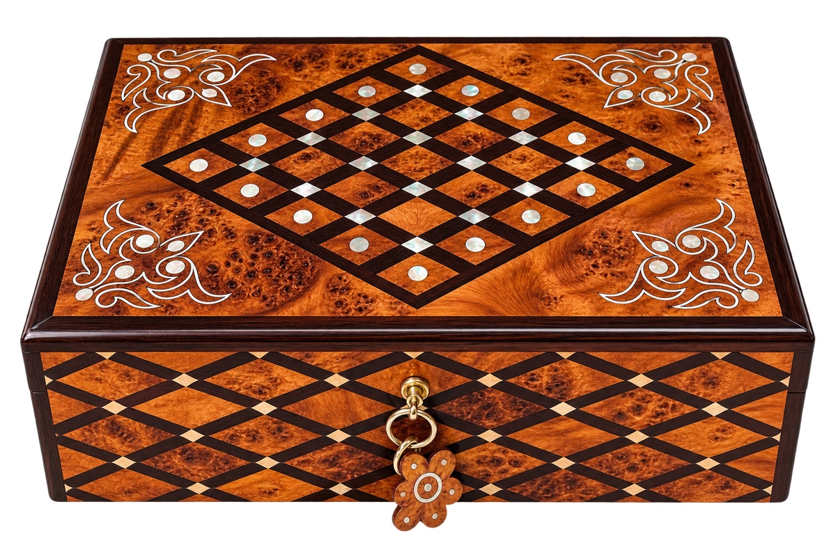 Handcrafted Moroccan Thuya Burl Jewelry Box with Mother-of-Pearl Inlay