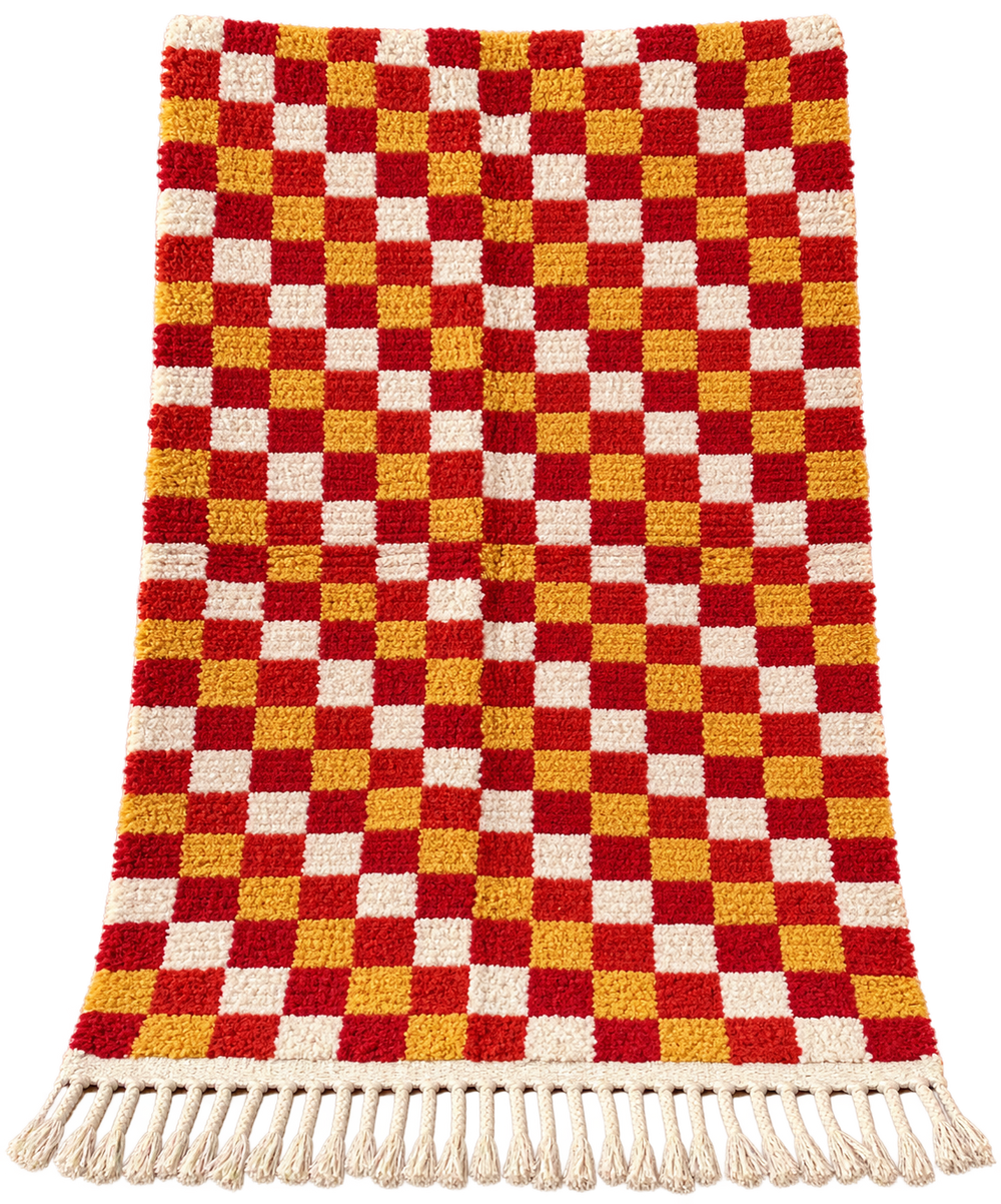 Handwoven Moroccan Checkered Wool Rug — Red, Ochre & Ivory
