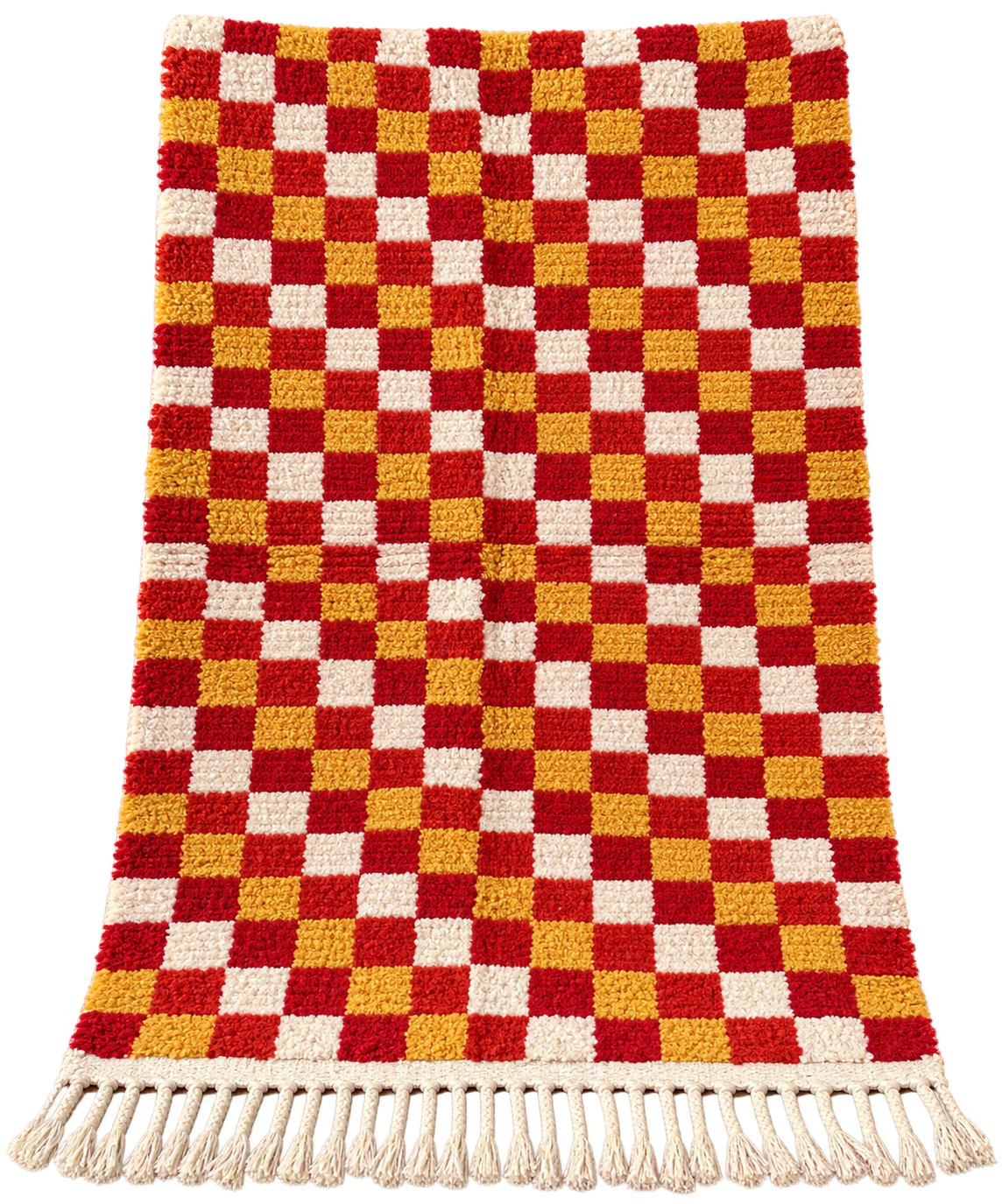 Handwoven Moroccan Checkered Wool Rug — Red, Ochre & Ivory