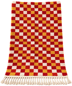 Handwoven Moroccan Checkered Wool Rug — Red, Ochre & Ivory