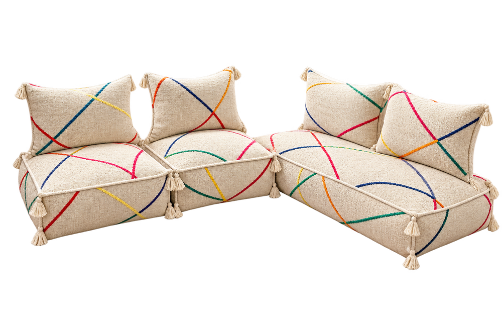 Handcrafted Moroccan Kilim Floor Sofa Set — Colorful Line Design, 14 Pieces