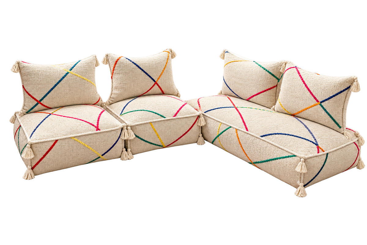 Handcrafted Moroccan Kilim Floor Sofa Set — Colorful Line Design, 14 Pieces